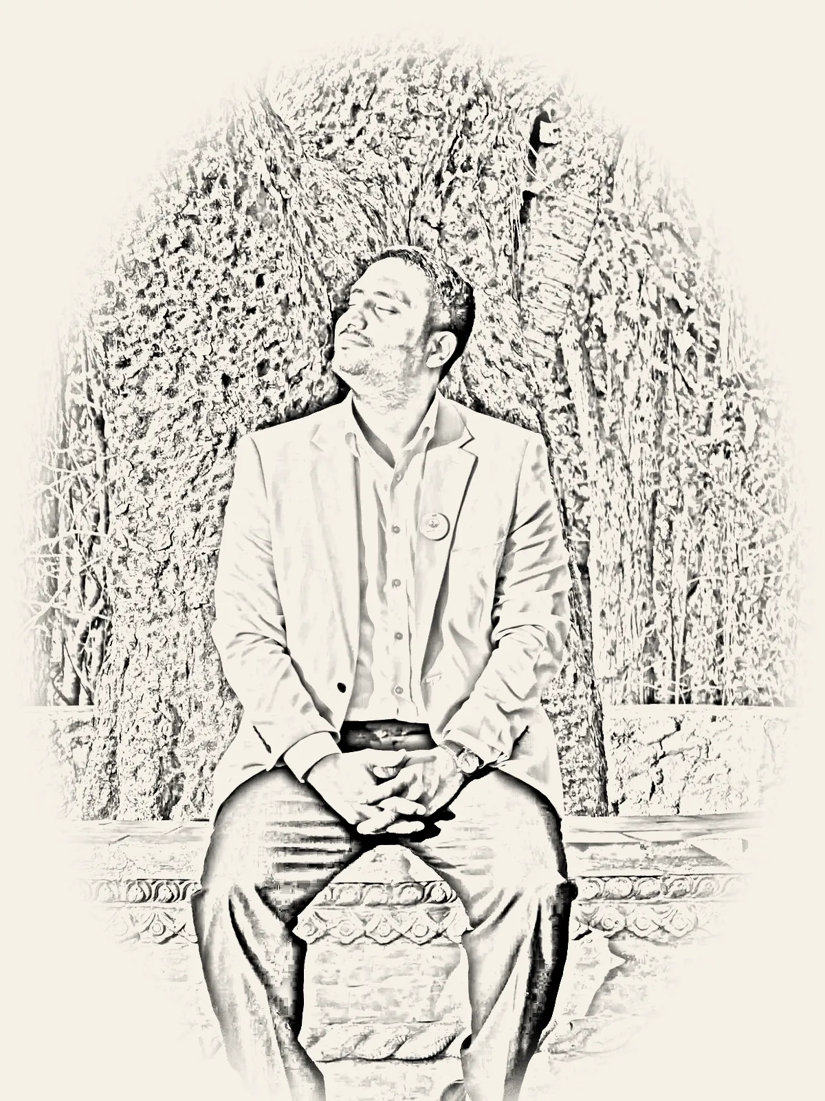 Pencil sketch of Dheeraj Joshi seated beneath a tree, eyes closed in the evening light.